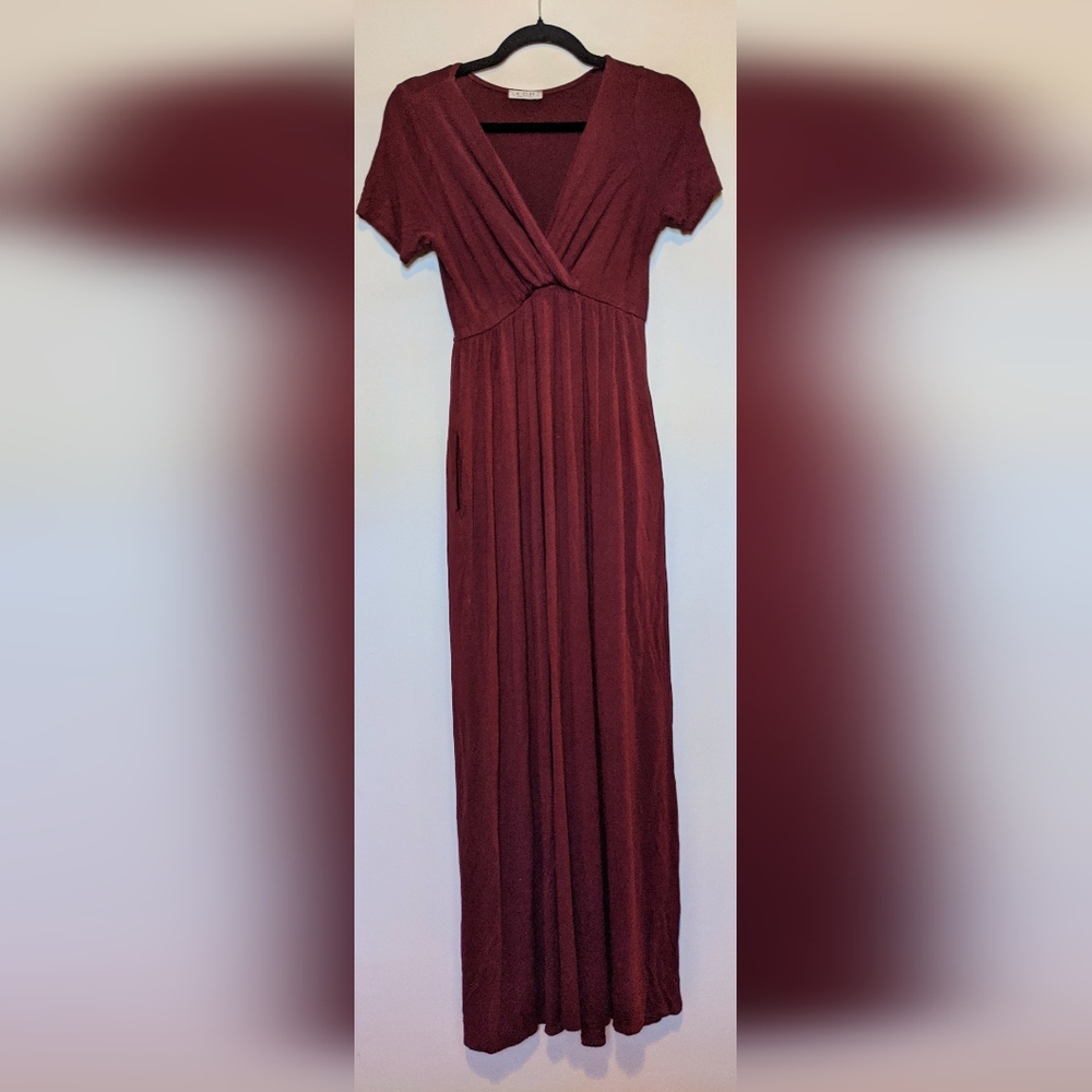 Burgundy Berry Fall Autumn Babyshower Maternity Maxi Dress with Pockets Small